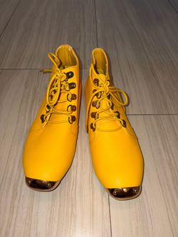 Yellow Lace-Up Ankle Boots with Gold Metal Toe