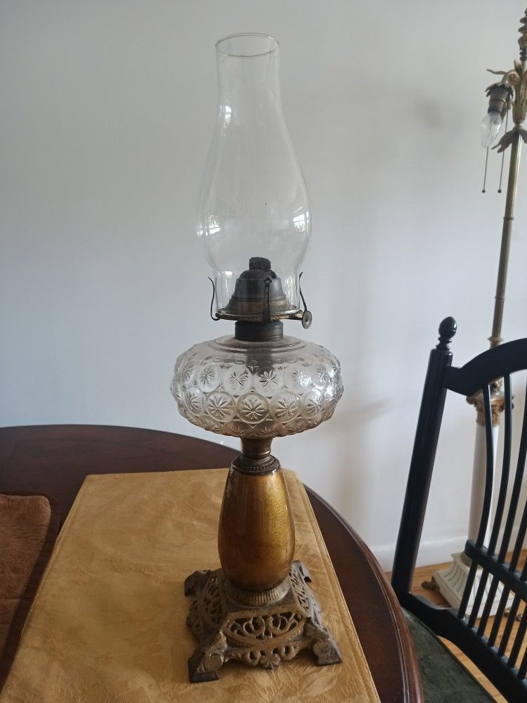 Antique Oil Lamp Reverse Chalet Glass Stem Cast Iron Base