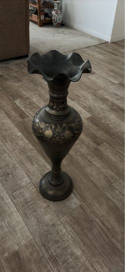 Large Dark Metal Vase with Engraved Floral Design