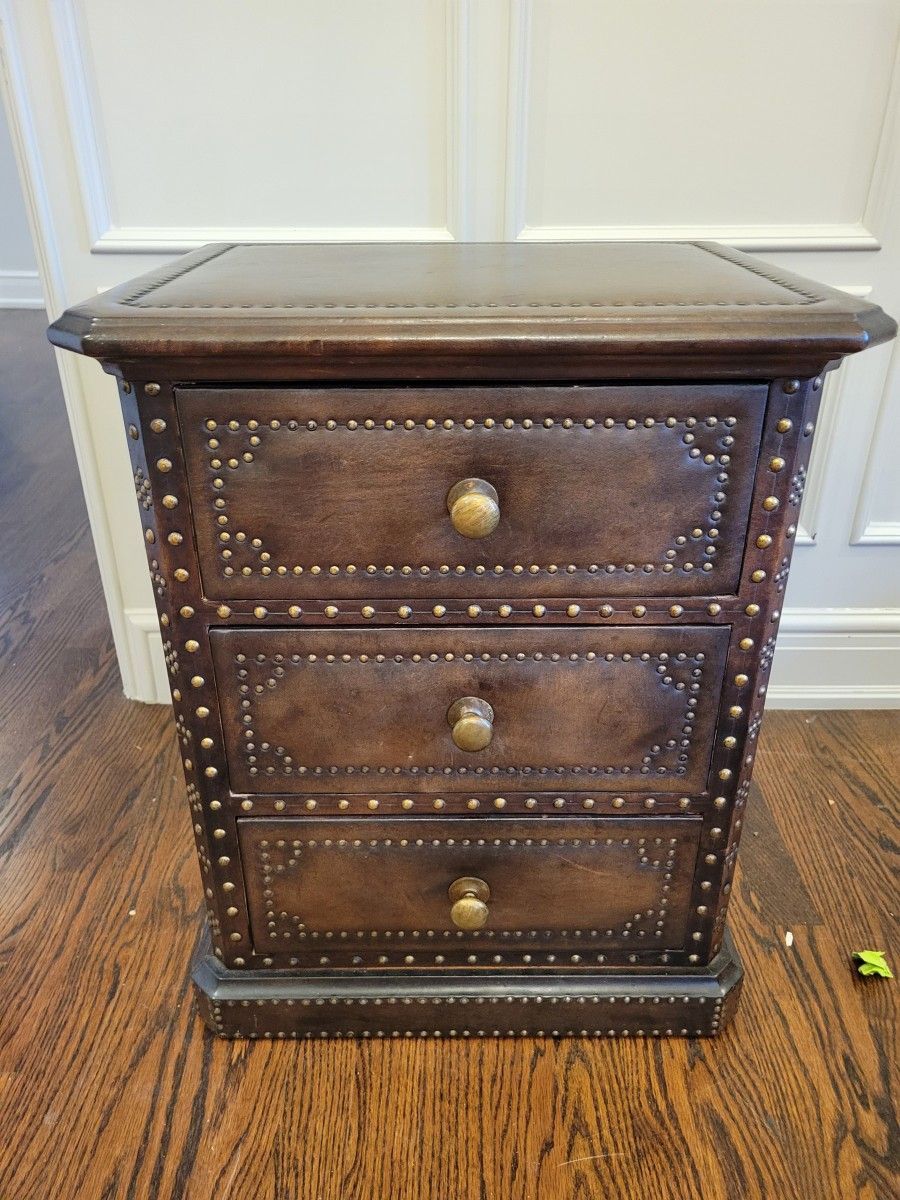 Made in Spain Leather Braded Button 3 Drawer Nightstand with Felt Lined Drawers