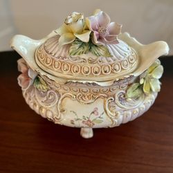 Vintage Italian Ceramic Soup Tureen with Hand-Applied Flowers