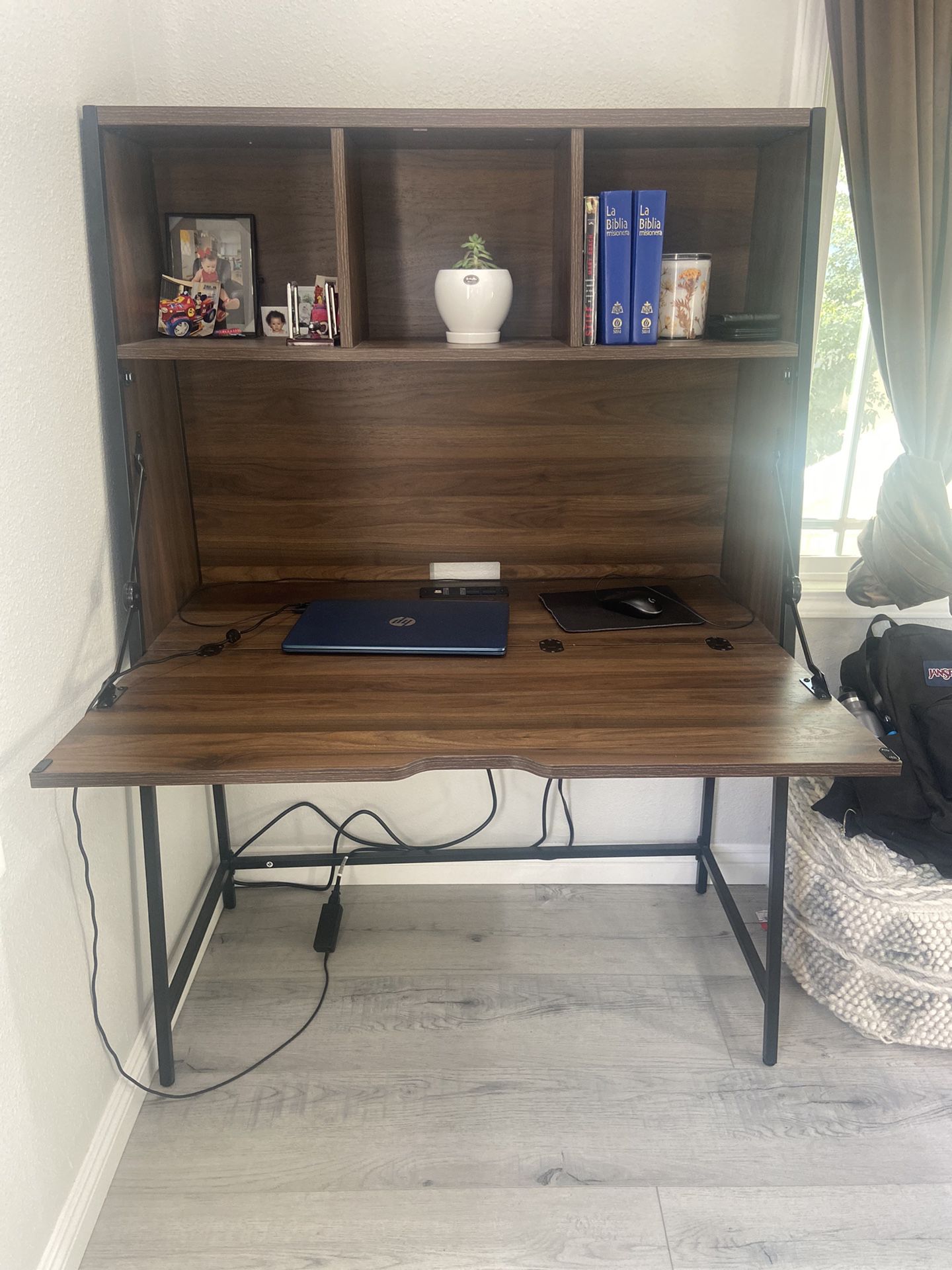 Loring Wood Secretary Desk with Hutch and Charging Station Walnut - Threshold