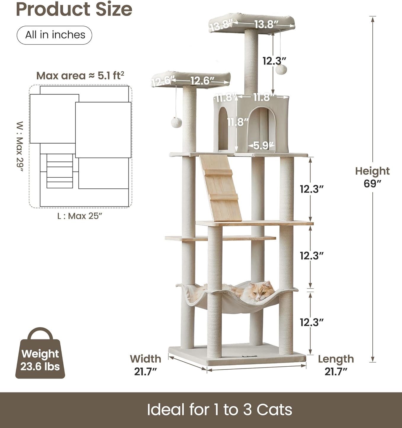 🥨MWPO Large Modern Cat Tree, 70.1-Inch Wood Cat Tower for Indoor Cats, Multi-Level Tall Cat Condo with 2 Padded Perches, Hammock, Scratching Posts, D