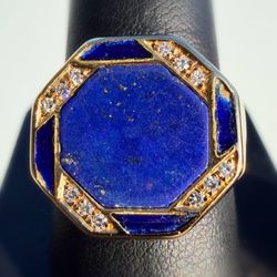 14k solid yellow gold Blue Lapis Lazuli stone 0.15CTW Natural Diamond Enameled ring sz11