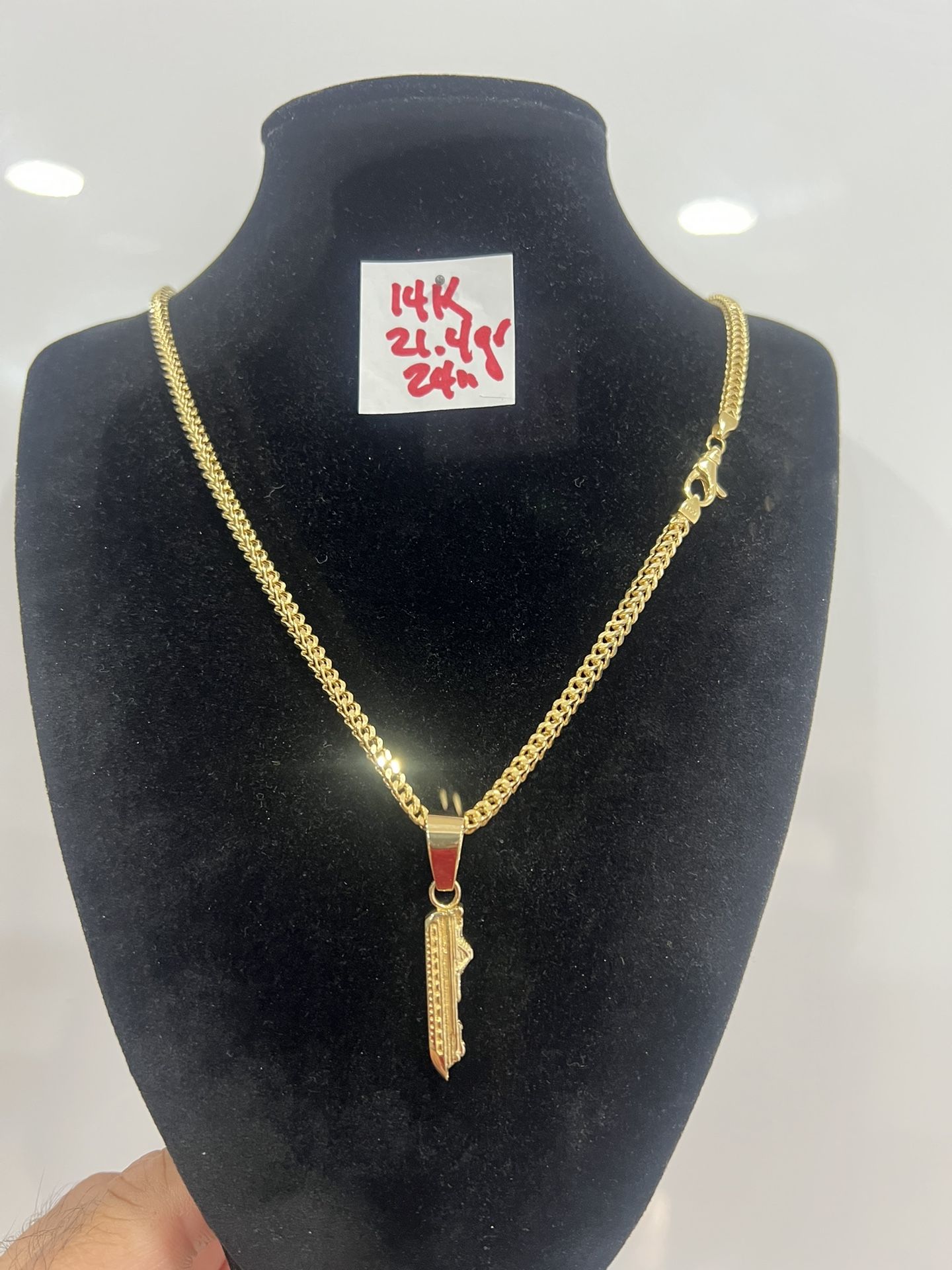 14K Yellow Gold Franco Chain and Pendant For Wedding 21.4Gr