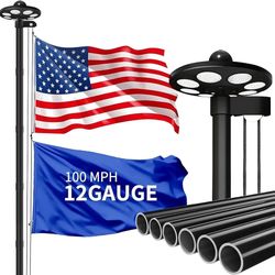 MXQMKL 25FT Heavy Duty Flagpoles Kit with 136 LED Solar Light,12 Gauge Extra Thick Flag Pole for Outside House in Ground for Outdoor with 3x5 American