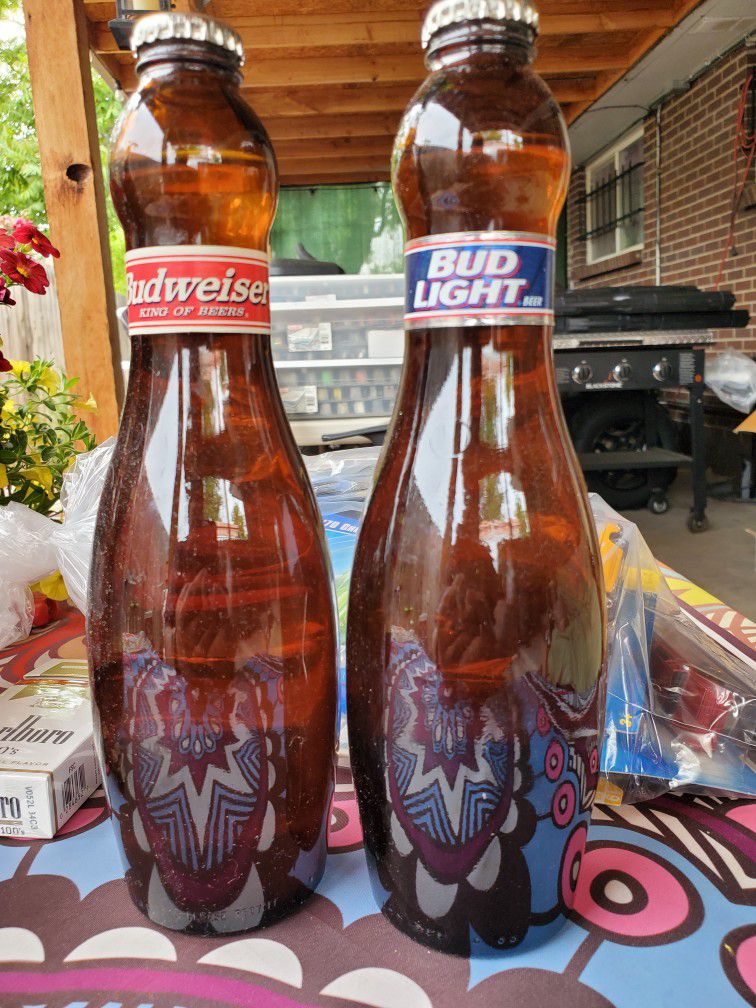 Vintage Bud and butterfly bowling pin bottles