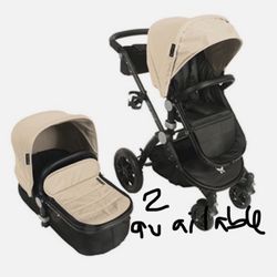 READ AD BEFORE MESSAGING Babyroues Letour Avant Deluxe 3-in-1 Travel System, With Bassinet Black Frame Tan Leatherette Stroller 