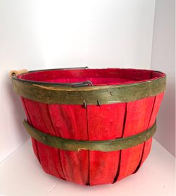 Vintage Red & Green Wooden Bushel Basket – Rustic Farmhouse Decor