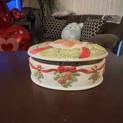 Vintage Oval Mirrored Christmas Trinket Box – Ceramic Pinecone & Ribbon Design , Mirror On Inside Of Lid
