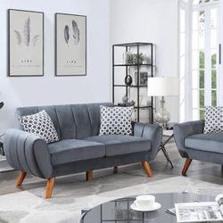 Brand New In Box Firm Price $580 Dark Grey Velvet Sofa Loveseat Set Mid-century Style Velvet Vertical Tuft Angled Wood Legs