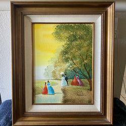 Vintage Oil on Canvas Painting of Ladies in the Park