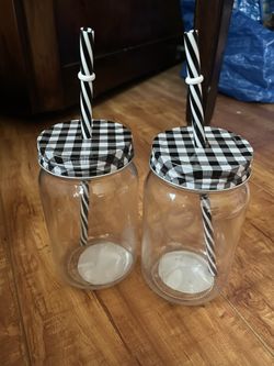 Set Of Mason Jar Cups With Lid And Straw