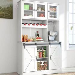 White Kitchen Hutch Cabinet with Glass Doors
