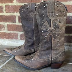 Oak Tree Farms Brown Leather Cross Studded Cowgirl Boots • Women’s Size 7