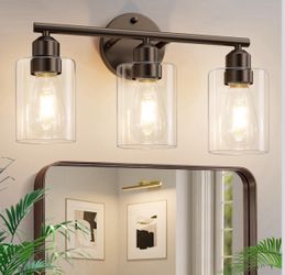3-Light Bathroom Vanity Light, Clear Glass & Brown,17.3" Modern