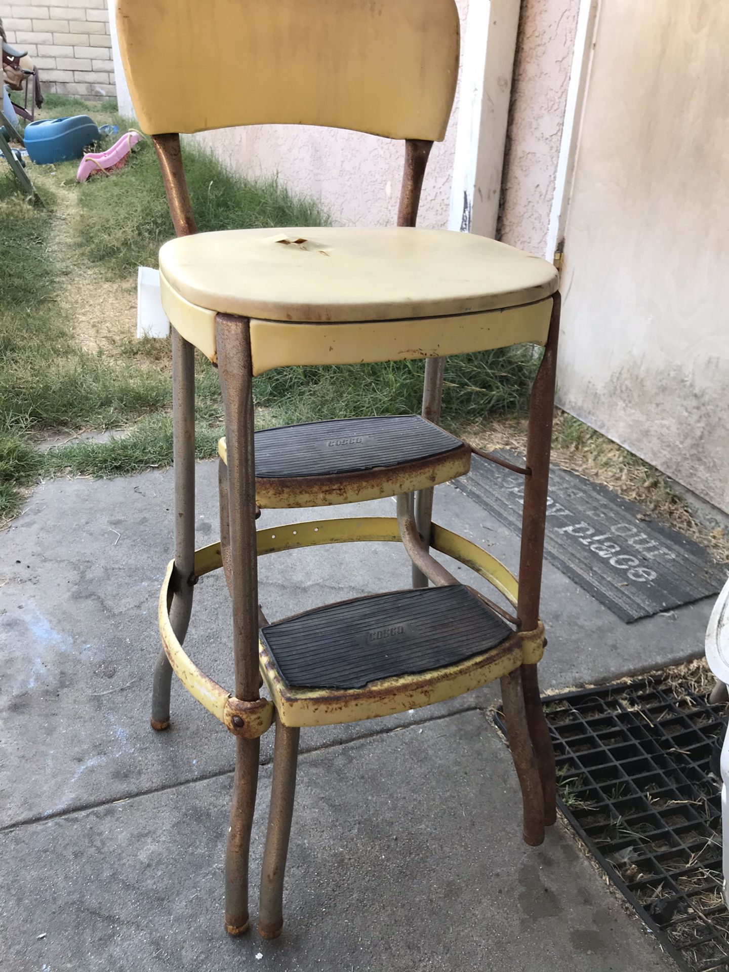 Yellow Antique kitchen stool / step stool