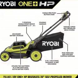 RYOBI ONE+ HP 18V Brushless 20 in. Cordless Battery Walk Behind Self-Propelled Lawn Mower w/ (2) 4.0 Ah Batteries and Chargers