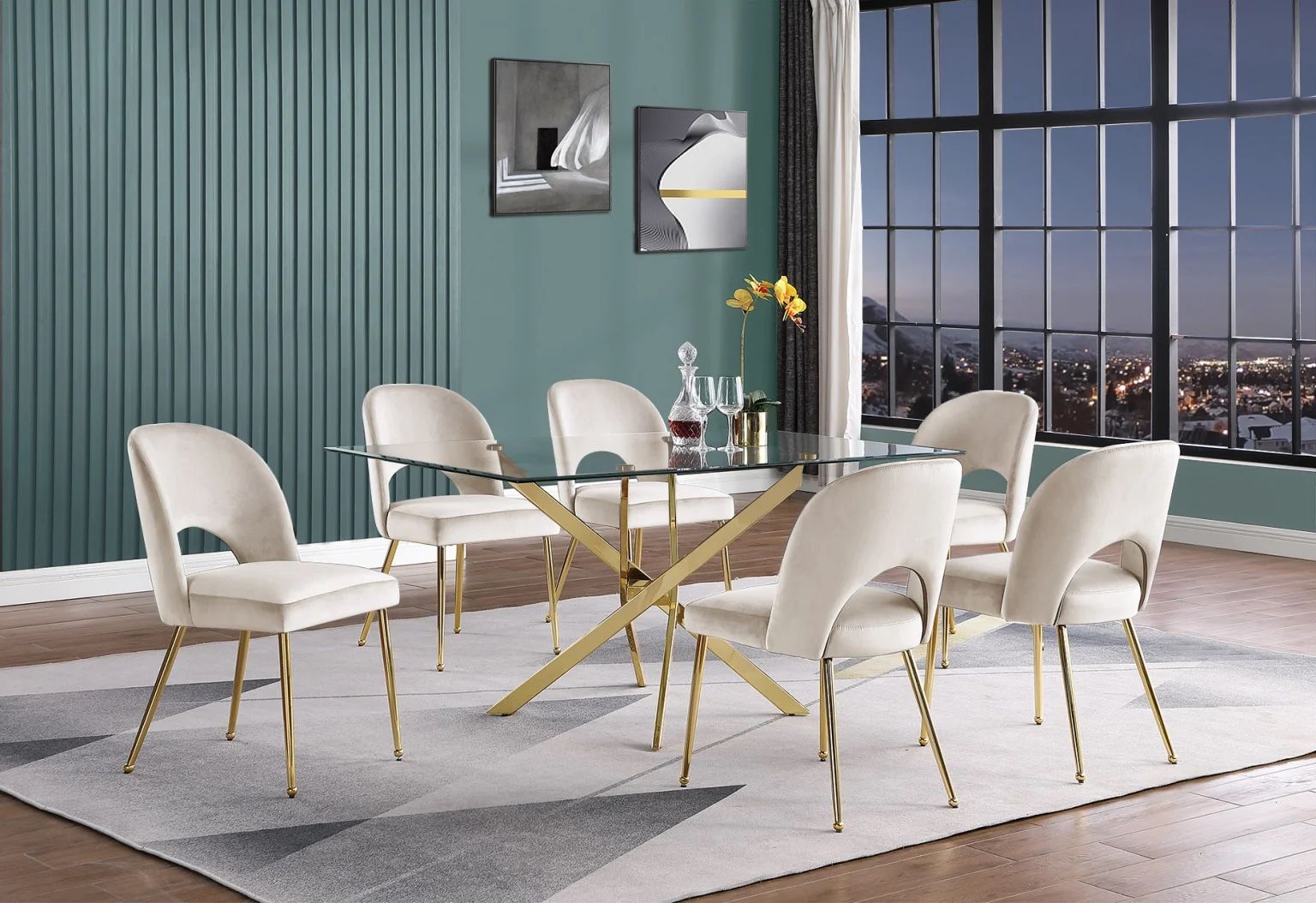 New Glass Top 7-PC Estella Dining Set With Cream Velvet Chairs