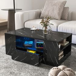 Homy Casa NeroLux 29.5×17.7 Inch Modern Wood Coffee Table with Storage & LED Lights – Black