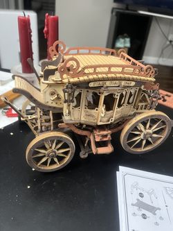 Wooden Stagecoach Music Box Wheels Turn