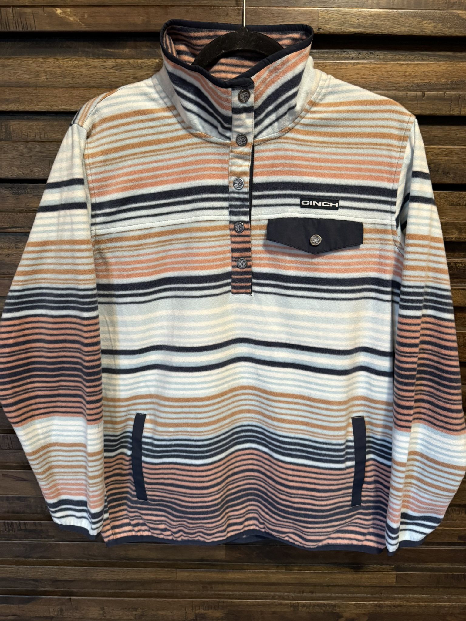 Cinch Womens Ladies Polar Fleece Sweater LRG Brown Pullover Striped Mock Neck
