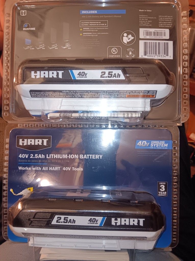 2 Hart 40V 2.5 Amp Hour Batteries