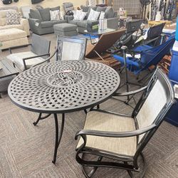 Patio Outdoor Set of 3, 2 Cast Aluminum Swivel Dining Chairs, Cast Aluminum Dining Table, New for All Weather, New