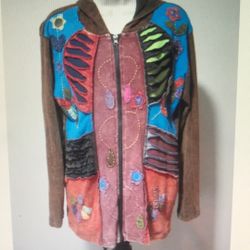 Rising International Women's Large Brown Colorful Hoodie Jacket Floral Patchwork