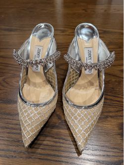Jimmy Choo Crystal Mesh Pumps Nude Silver High Heels Size EU 38.5 US 8.5 with Box & Dust Bag