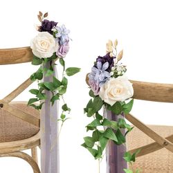 Ling's Moment 8pcs Wedding Artificial Aisle Pew Flowers Chair Decorations Arrangements With Chiffon Ribbons Lilac Purple Gold For Ceremony Chair Back 