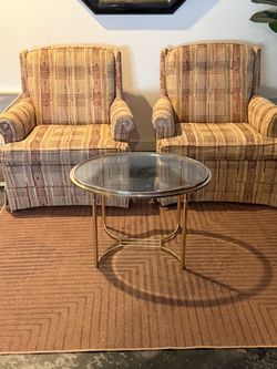 2 Vintage Mid Century Ethan Allen Traditional Classics Tweed Plaid Skirted Tufted Armchairs