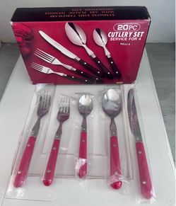 Vintage new in box 20 piece stainless steel flat ware set w/bright cherry red plastic handles. Complete service for 4. Marked Taiwan stainless.  Unuse