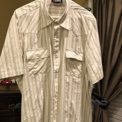 Men’s Shirt, XL, $10, GREED, Snaps Stripe Brown Black