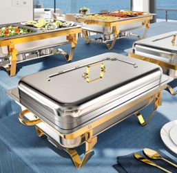 Set of 4 Chafing dishes for buffet 9qt stainless steel with gold accents