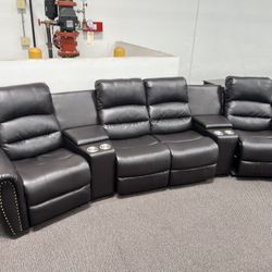New 4 Reclining Home Theater Sectional .  Brown Or Black Leather .  138” X 38”.  Free Delivery !
