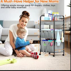 Baby Diaper Caddy Organizer Cart - 3 Tier Metal Rolling Utility Cart with Drawer & Removable Basket & Wheels - Bedside Diaper Cart for Baby Supplies S