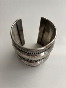 Silver Tone Wide Cuff Bracelet with Engraved Detail