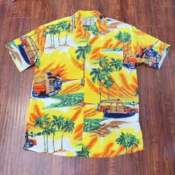 VTG Hawaiian Shirt By ZAM Sz Medium Car & Palms Trees Muti Color Read Info Blw! 