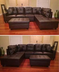 Brown leather sectional couch and ottoman