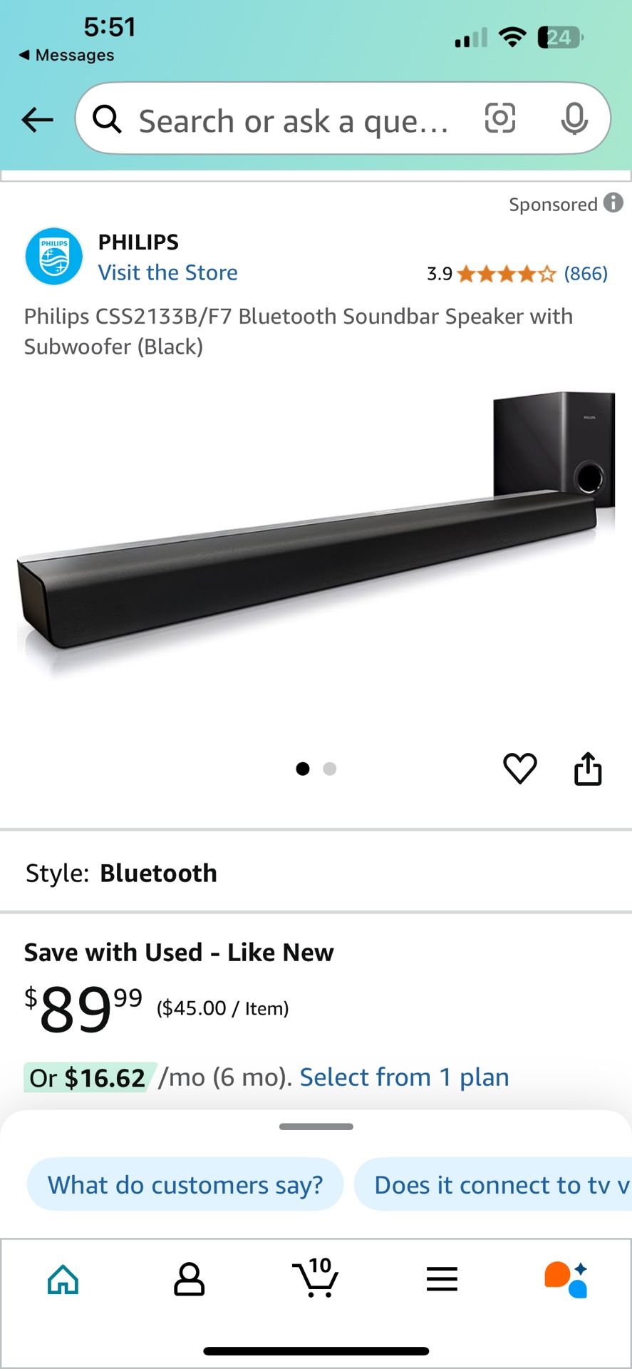 Mint Condition Philips Sound Bar with Subwoofer + remote