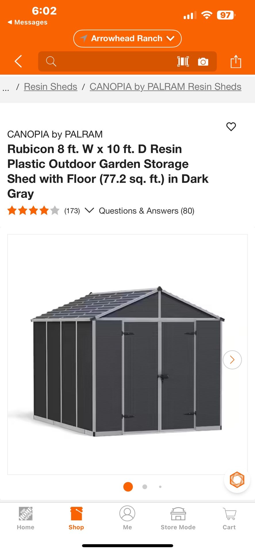 CANOPIA by PALRAM Rubicon 8 ft. W x 10 ft. D Resin Plastic Outdoor Garden Storage Shed with Floor (77.2 sq. ft.) in Dark Gray