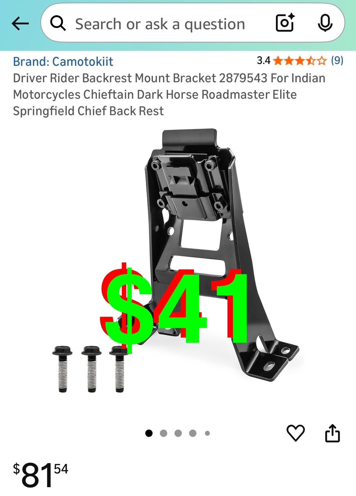 Camotokiit - Driver Rider Backrest Mount Bracket 2879543 For Indian Motorcycles Chieftain Dark Horse Roadmaster Elite Springfield Chief Back Rest