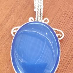 Blue Opal Cabochon Pendant In .925 Sterling Silver Setting 
