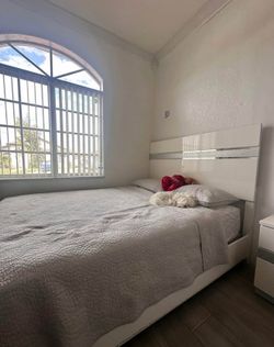White acrylic bed frame queen box spring included - with bedside table