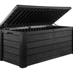 Keter Westwood 150 Gal Plastic Outdoor Patio Deck Box for Backyard Decor, Furniture Cushions, Garden Tools, and Pool Accessories, Dark Gray