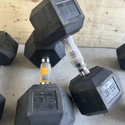 New pair of 35lb rubber dumbbells with cuts
