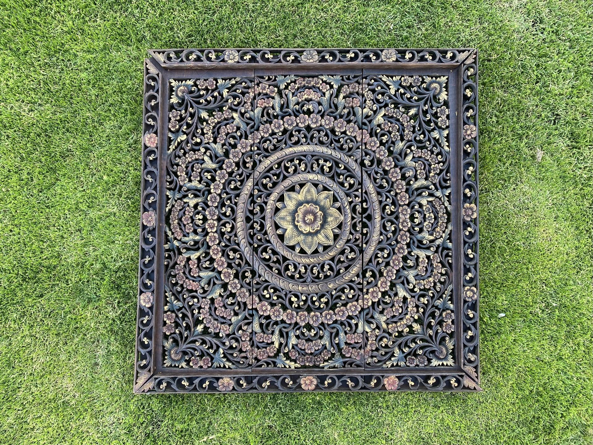 Hand-Carved Thai Wooden Wall Art - 35.5” Square Floral Panel
