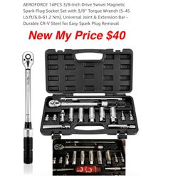 New  AEROFORCE 14PCS 3/8-Inch Drive Swivel Magnetic Spark Plug Socket Set with 3/8'' Torque Wrench (5-45 Lb.ft/6.8-61.2 Nm), Universal Joint & Extensi