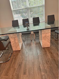 104” Modern Glass Dining Table with Marble Bases